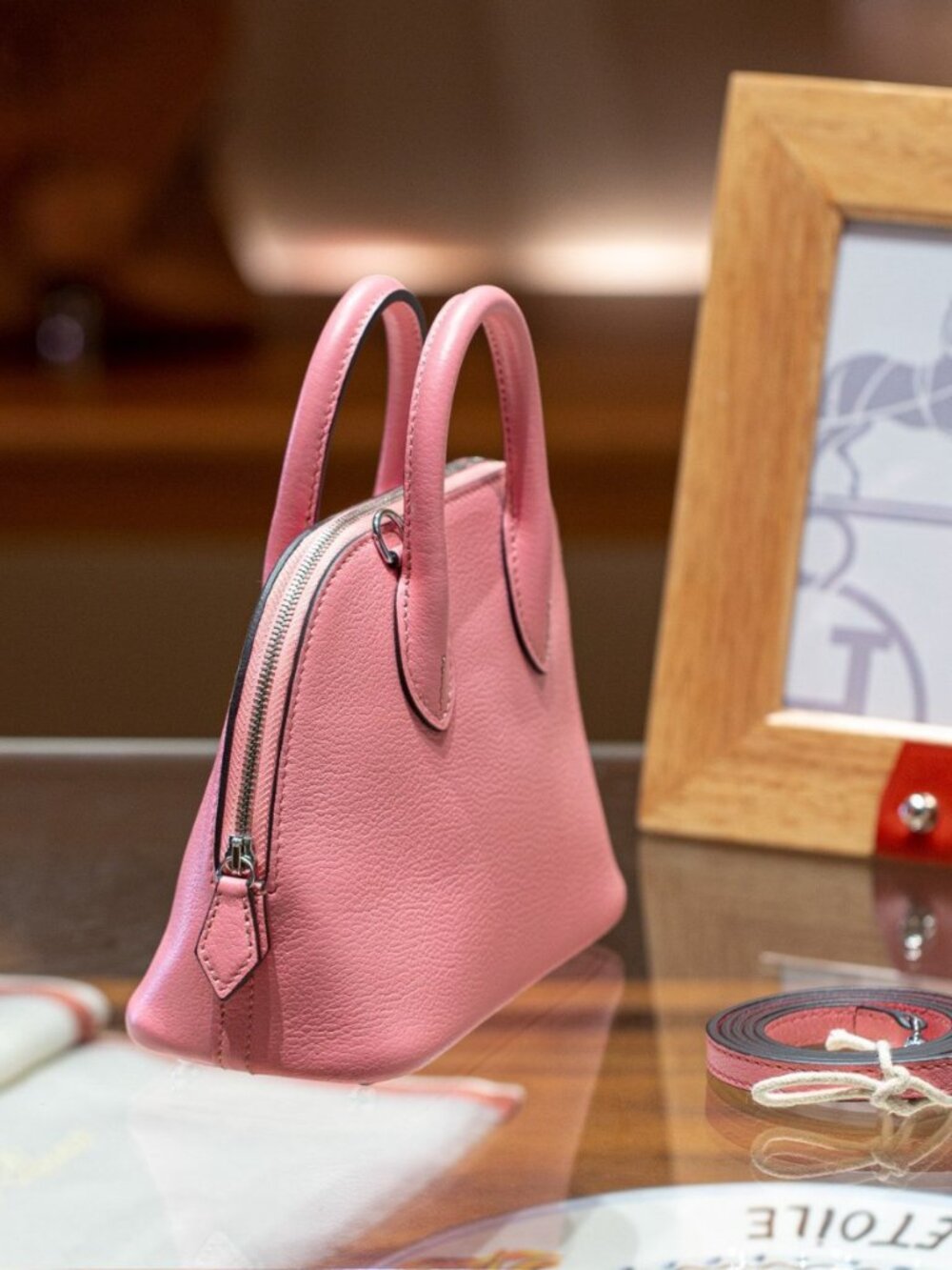 Chic Pink Leather Bowling Bag | Elegant 18cm Mini Shell Satchel - Picture 2 of 5